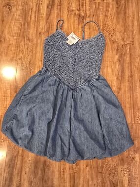 Smocked Chambray Mini Dress in Denim Blue